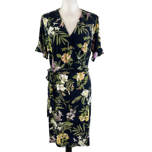 Roz & Ali Dress Plus sz 1X Navy Blue Purple Green Floral Slinky Stretch Tropical - Picture 1 of 11